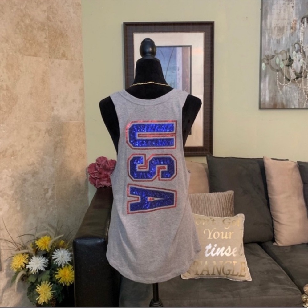 Victorias Secret PINK NWT Gray Sleeveless “USA” Sequin Muscle Tank XS - Picture 4 of 10